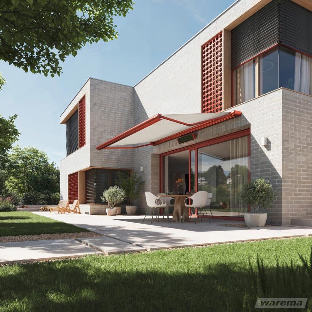 rote Markise an Klinker